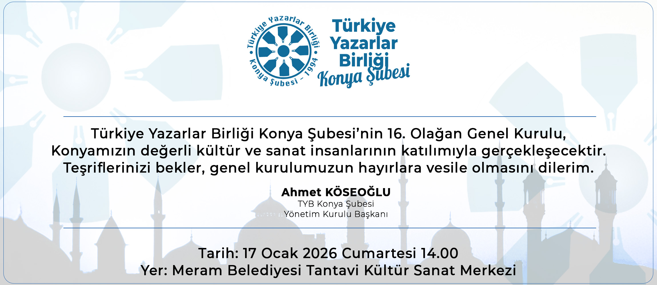 TYB Konya Şubesi 16. Genel Kurulu 17 Ocak’ta Yapılacak
